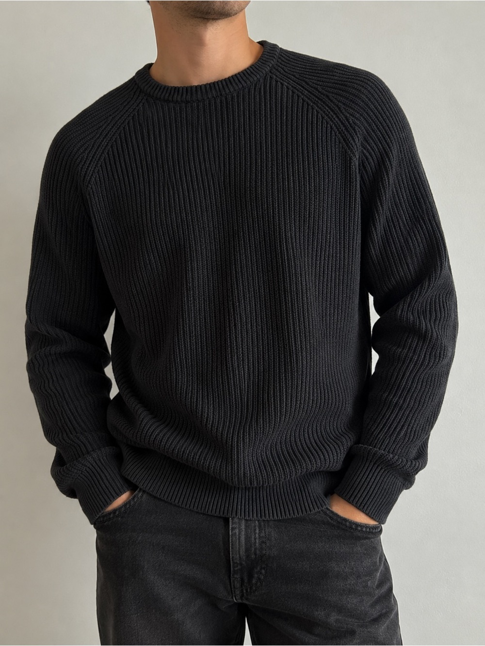 Zara Man Men’s L Black Ribbed Knit Sweater 100% Fine Cotton Crewneck